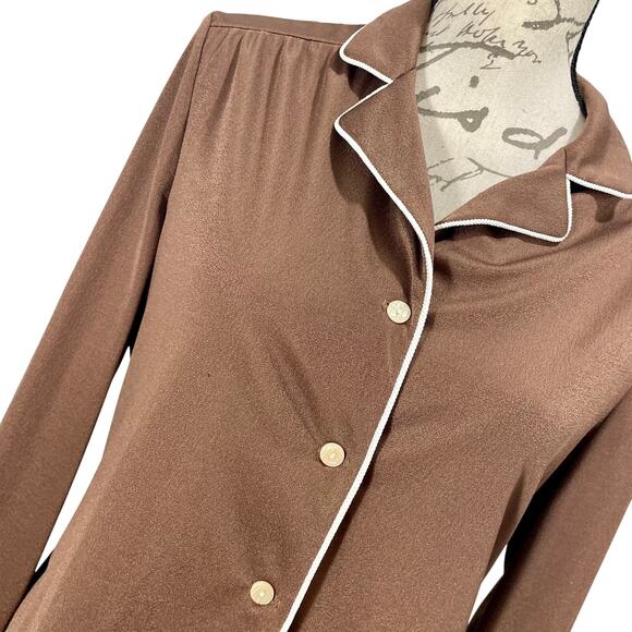 Vintage 70s Retro Act III Brown Satin Polyester Button Long Sleeve Blouse Sz 16 - Picture 9 of 9